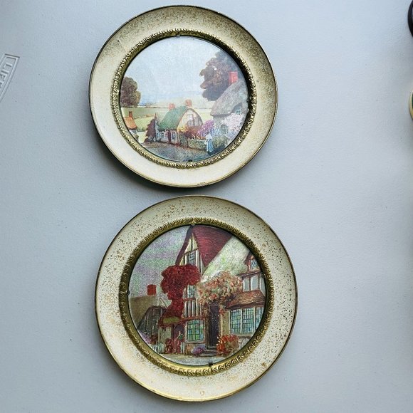 Vintage Brass Art Print Plates 7.5” England Village Scenes Set of 2 - Picture 1 of 8